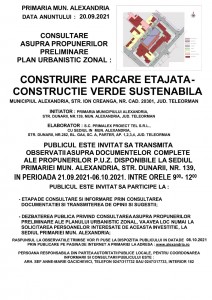 anunt propuneri preliminare PUZ Construire Parcare Etajata-Constructie Verde Sustenabila